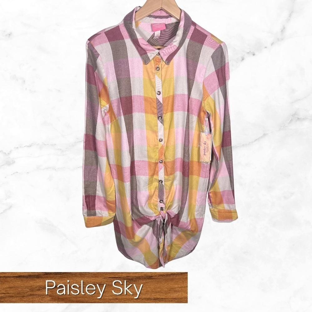 Paisley Sky Maternity size small tie front pastel check shirt